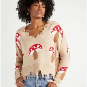 Just Polly Trippy Cropped Distressed fringe red Mushroom Sweater tan v neck M